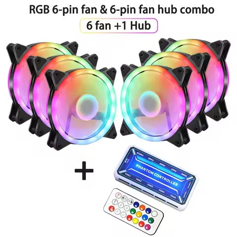 3/6+1-Piece Combo Package: 6-Pin RGB Case Fan+6-Pin Fan Hub, 12cm Silent Fan Hub with Remote Control