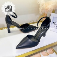 Giày nữ HALEY STORE bít mũi gót vuông 9cm min trơn trắng sang chảnh tiểu thư rẻ bền đẹp cô dâu tiệc 