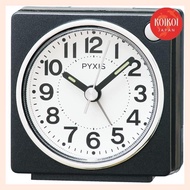Seiko Clock PYXIS NR449K, an alarm clock and desk clock with an analog black metallic design, measuring 65×64×38mm.