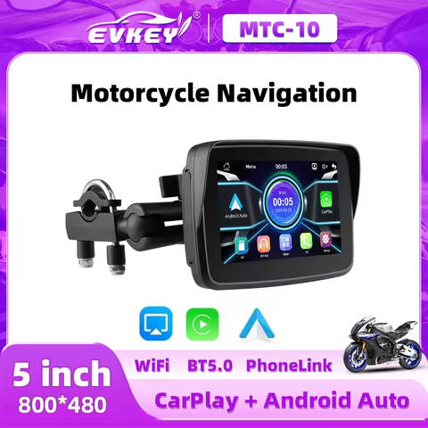 EVKEY 5.0inch Portable Motorcycle Navigation Display Screen CarPlay Motorcycle Wireless Android Auto