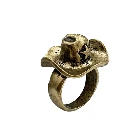 3D Cowboy Sheriff Hat With Star Finger Ring Size 7 for Womens Men Fashion Vintage Style Brass Alloy 