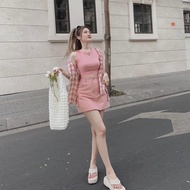 Set bộ 3 món áo croptop ba lỗ mix chân váy túi hộp áo khoác caro dài tay Set thời trang đi chơi áo k