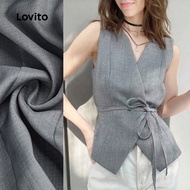 Lovito Casual Top Lace Up Grey Top for Women L155AD333 Lovito Atasan Kasual Lengan Sulam Abu-abu unt