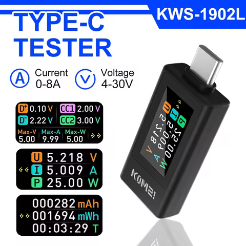 KWS-1902L NEW Type-C Tester 4-30V 0-8A Current Voltage Monitor Fast Charging Voltage Ammeter Power M