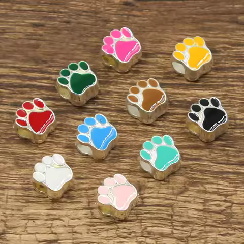 6pcs 11x7x11mm Dog Bear Cat Paw 5mm Big Hole Bead Charm Fits Bright Silver Color Drop Oil Fit Europe