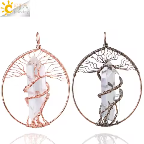 CSJA Tree of Life Pendant Natural Stone Necklace Jewelry Making Wire Wrapped Rock Crystal Quartz G87