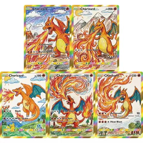 5Pcs Pokemon Cards Charizard Children Drawing Style PTCG Game Cards Rainbow Holo Rare Collectible Ca