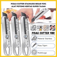 Pisau Cutter Stainless Besar 9in1 Super Tajam Tahan Karat / Penggaris Screw Buka Kaleng Tutup Botol 