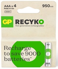 ถ่านชาร์จ GP recyko AAA 950 mAh แพ็ค 4 ก้อน แพคเกจใหม่ล่าสุด ออกใบกำกับภาษีได้