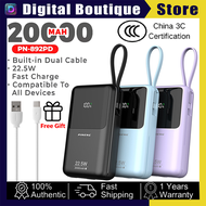 (3C Certified) Pineng Original PN-892PD 22.5W 20000mAh Slim Portable Power bank with Built-in Cable 