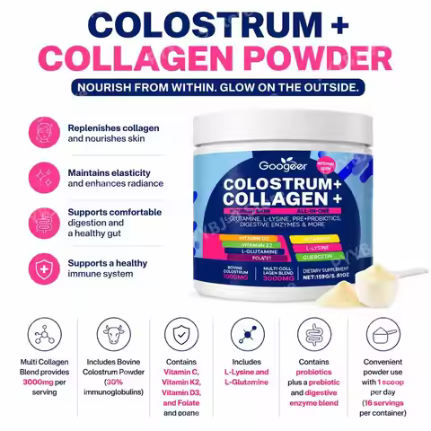 Googeer Colostrum Collagen Powder with Multi Collagen, Vitamin C, L-Lysine, Probiotics, Skin, Gut &
