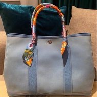Hermès Garden Party 36 花園包藍色帆布拼皮