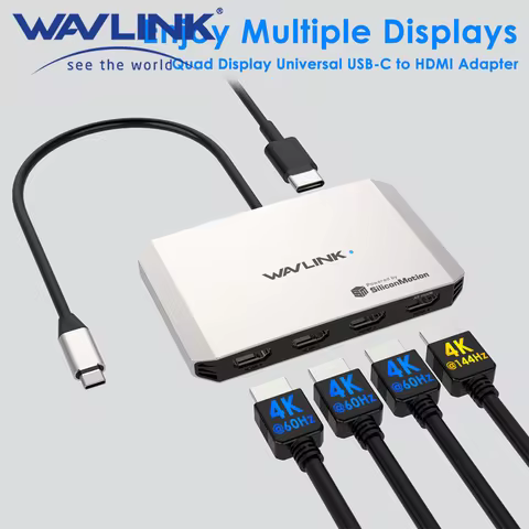 WAVLINK USB-C to Quad HDMI Adapter 4K USB-C Adapter Support PD In 140W Out 130W Compact and Portable