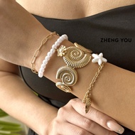 4 Pcs Adjustable Ocean Starfish Conch Pearl Bracelet Set - Gold Stackable Bangles for Women
