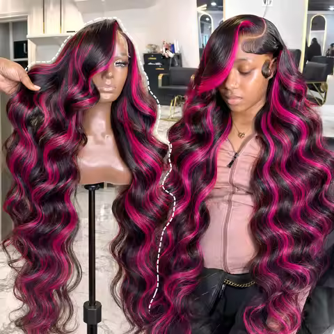 Ombre Rose Pink Black Body Wave Brazilian Human Hair Wig 13x4 HD Lace Frontal Baby Hair for Black Wo