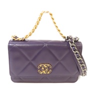 CHANEL 菱格羊皮皮革C19 WOC Wallet On Chain Shoulder Bag金扣鏈帶手挽肩背兩用袋紫色