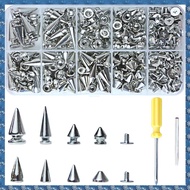 (FTQN) 354 PCS Punk Spikes and Studs Kit 8 Size Cone Spikes Metal Tree Spikes Studs for Leathercraft