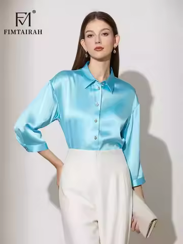 Fimtairah 6A Silk Shirt Women Round Autumn new seven-quarter sleeve Lady Silk Blouse