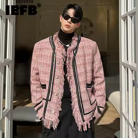 IEFB Niche Design Men's Jackets Round Collar Contrast Color Plaid Design Single Breasted Raw Edge Lo