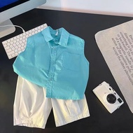 Boy Hong Kong Style Shirt Suit 2025 Blue Sleeveless Shirt Middle Pants Boy Handsome Children's Cloth
