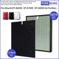 Fits Hitachi EP-A6000 EP-A7000 EP-A8000 Air Purifier HEPA + Activated Carbon Complete Filter Set