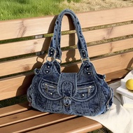 Beg wanita, beg jeans vintage, banyak poket, beg tote, air sejuk, dicuci, bahu tunggal, tangan