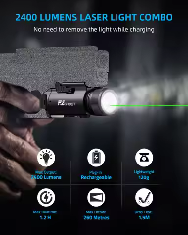 EZshoot 2400 Lumens Green Laser Light Combo with Strobe Mode Pistol Flashlight with Adjustable Slide