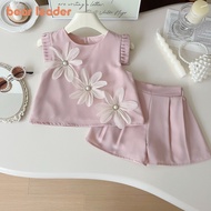 Bear Leader Korean Version 3D Flower Decoration 2 Pieces Sets Summer Flying Sleeve T-shirt Tops + Pa