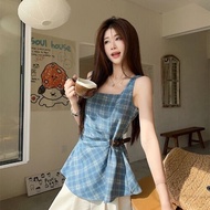 RUIHUAN | Áo vest không tay màu xanh kẻ caro cổ vuông hở vai mùa hè mới cỡ lớn cho nữ áo khoác ngoài