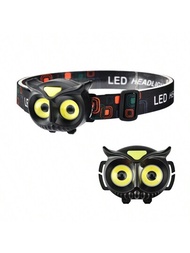 1入黑色強光貓頭鷹造型頭燈，迷你攜帶式戶外探險露營狩獵釣魚LED頭燈，適用於徒步旅行跑步修裝COB頭燈