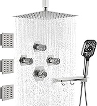 MONDAWE 12 Inch Thermostatic Shower System with a Shelf in Brushed Nickel, Ceiling Mounted Shower Head with Handheld Spray and 3 Body Jets, High Pressure Bathroom Shower Set with Thermostatic Valve