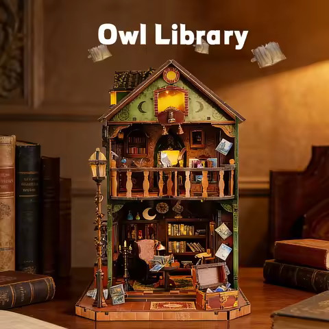 3D Wooden Puzzle for Adults Owl Library Book Nook with Lights Model Kit Dollhouse DIY Miniature Hous