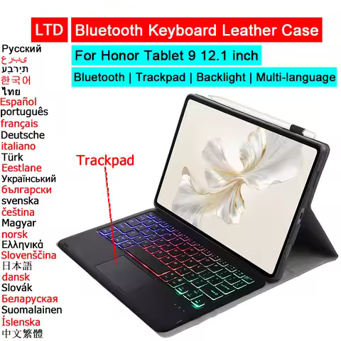 Bluetooth Keyboard Case For Honor Pad 9 12.1 inch Tablet Case Russian Arabic Hebrew Spanish French P