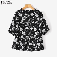 ZANZEA Women Korean Daily Round Neck Neckline Wood Ear Hem 3/4 Sleeve Cuffs Rubber Blouses