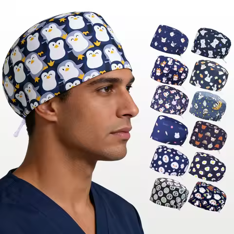 Scrub Man Caps for Doctors Nurses Penguin Print Dental Working Hat Breathable Short Hairs Medical Co