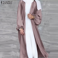 MOMONACO ZANZEA Muslimah Women Muslim Elegant Satin Silky Kimono Lantern Sleeve Cardigan with Belt #50