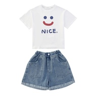 BHKV Store 2024 New Fashion Style Girls' Casual Smiling Face T-Shirt Set in Malaysia