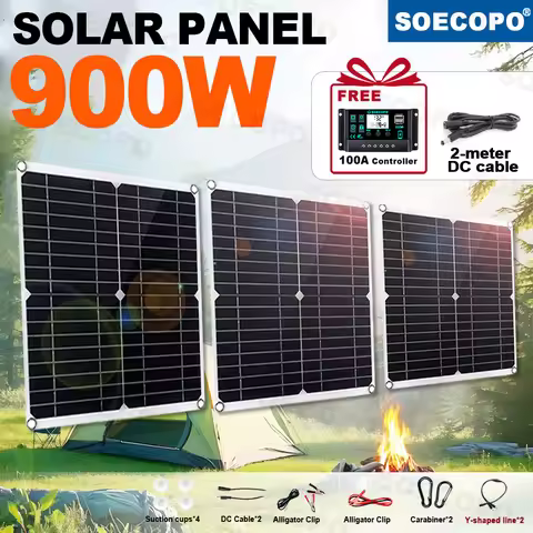 SOECOPO 900W (Free 100A Controller) Portable Solar Panel Kit - 3*300W Panels Dual USB 5V Camping Equ