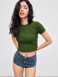 Cider Knitted Round Neck Solid Lettuce Trim Crop Short Sleeve Top