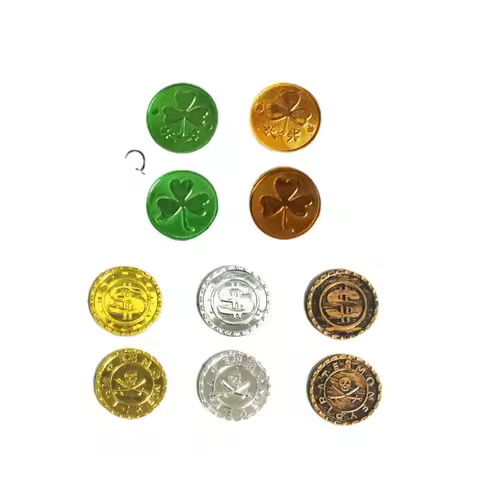 Pirate gold coins, treasure chests, prop coins, Halloween skulls, ancient coins, plastic shamrock co