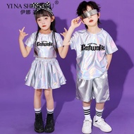 Kids Metallic Silver Dance Outfit - T-shirt with Shorts/Skirt Set for Hip Hop & Jazz