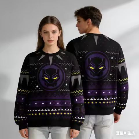 Women's Winter Marvel Black Panther Print Ugly Christmas Round Neck Sportswear Fashionable Streetwea