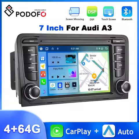 Podofo 4+64G 7'' Car Radio For Audi A3 8P 2003-2012 Multimedia Player GPS Navigation WIFI Carplay An