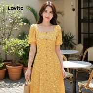Lovito Women's Yellow Boho Dress with Button Pleats for Spring/Summer L137ED633