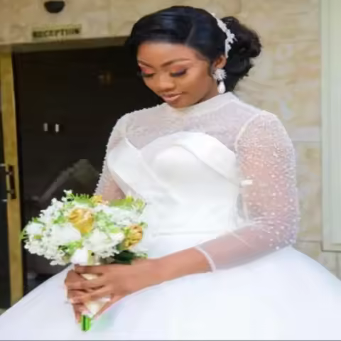 Customized Dubai Arabic High Neck Satin Ball Gown Dresses Sparkly Crystals Beaded Plus Size Long Sle