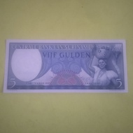 Uang kertas kuno SURINAME 5 Gulden UNC 