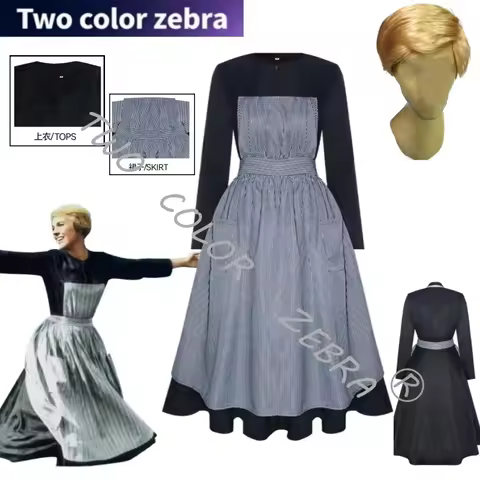 Movie The Sound of Music Maria Cosplay Women Costume Striped Apron Dress Full Set European Pastoral 