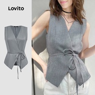 (NEW) Lovito Casual Top Lace Up Grey Top for Women L155AD333