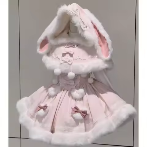 Japanese Sweet Lolita Style 2 Piece Set Women Kawai Bow Bunny Hooded Cloak Coat Pink Plush Party Min