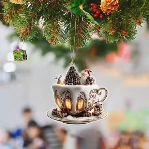 Coffee Cup Ornaments For Christmas Tree 2D Acrylic Christmas Snow Houses Chocolate Mug Pendant Chris